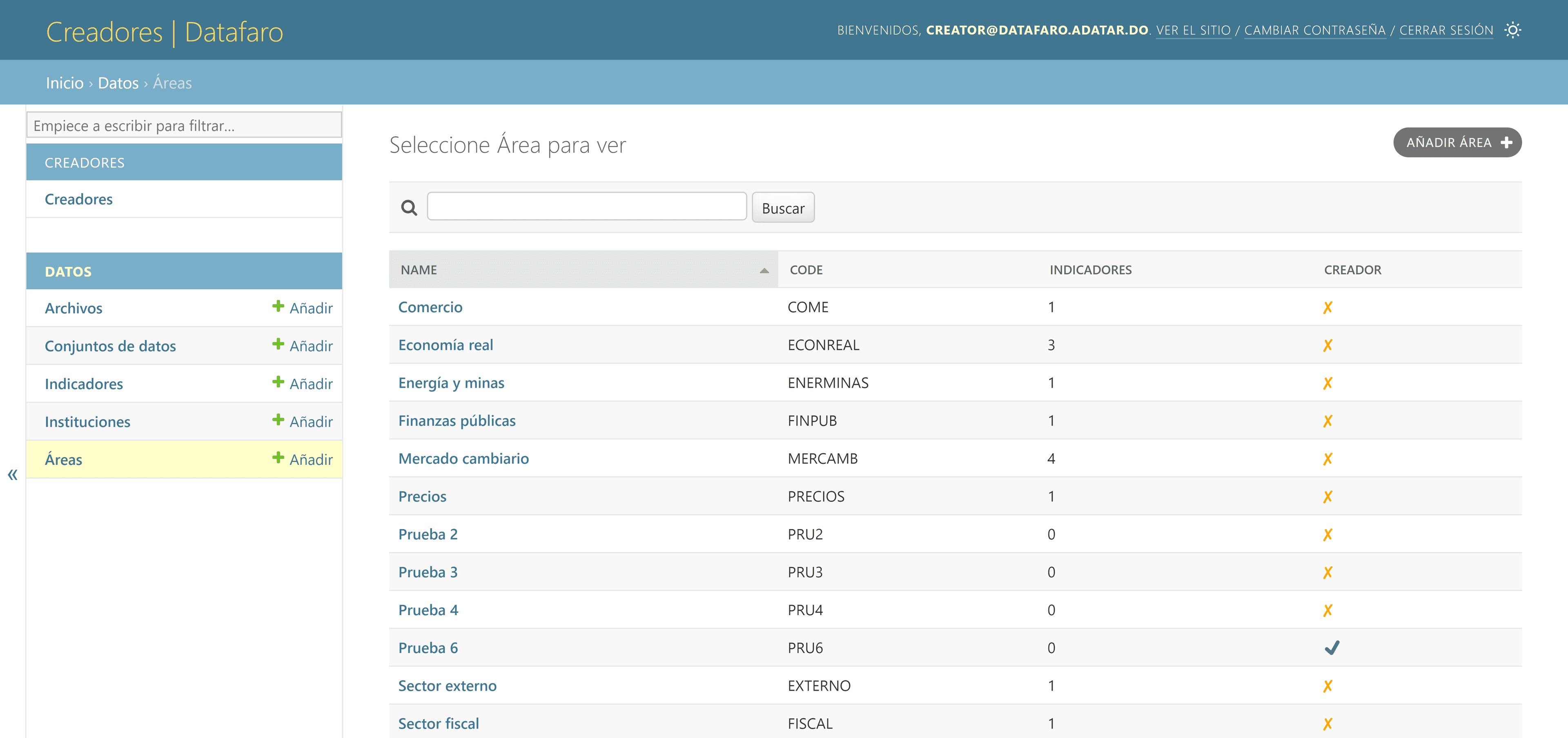 Página de lista de areas
