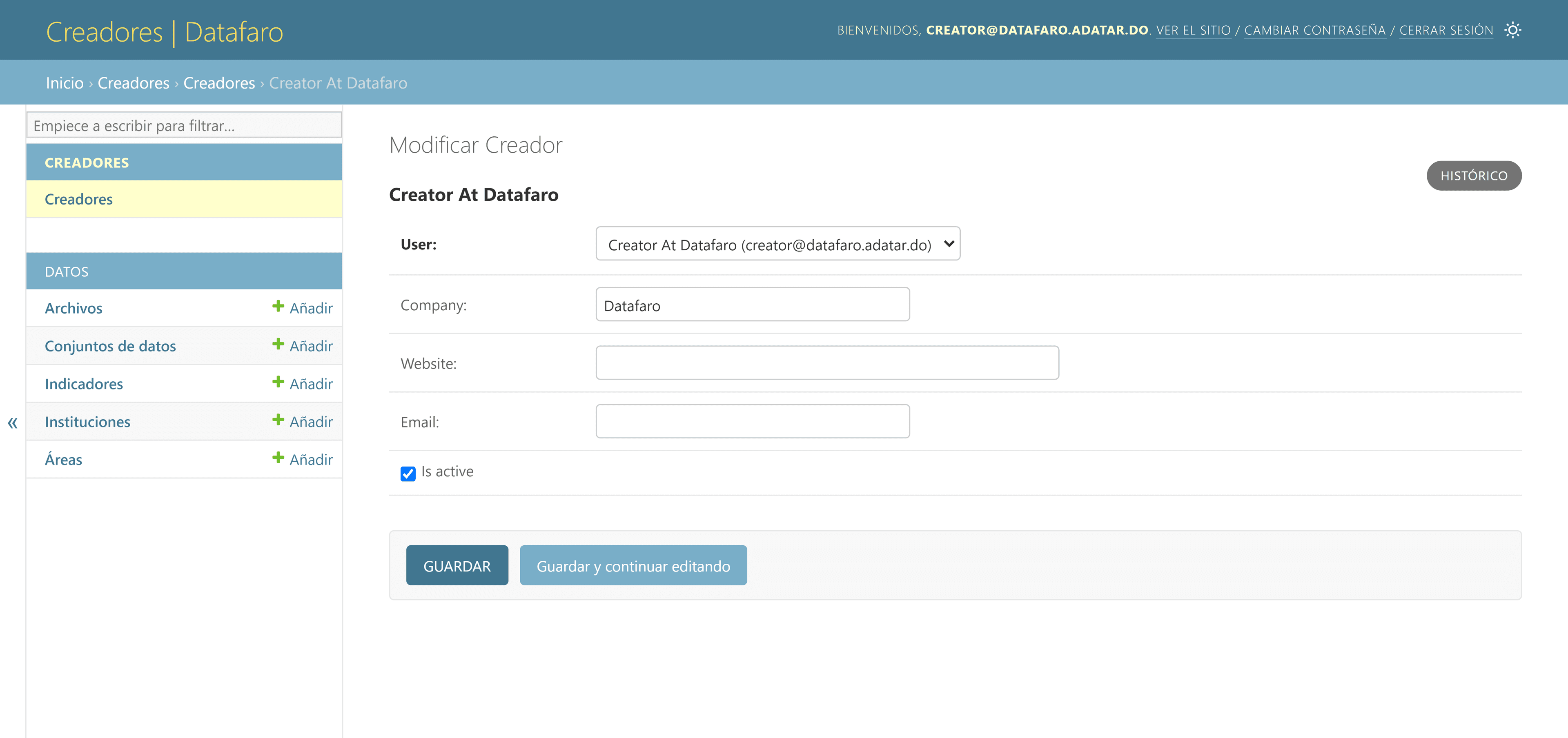 Página de detalles de creador