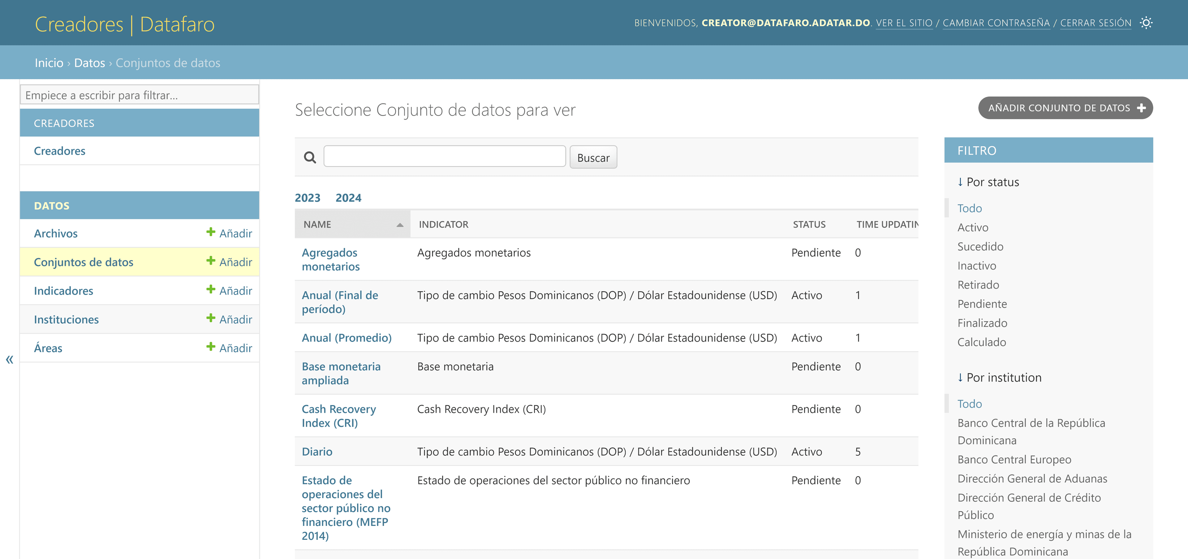 Página de lista de conjuntos de datos