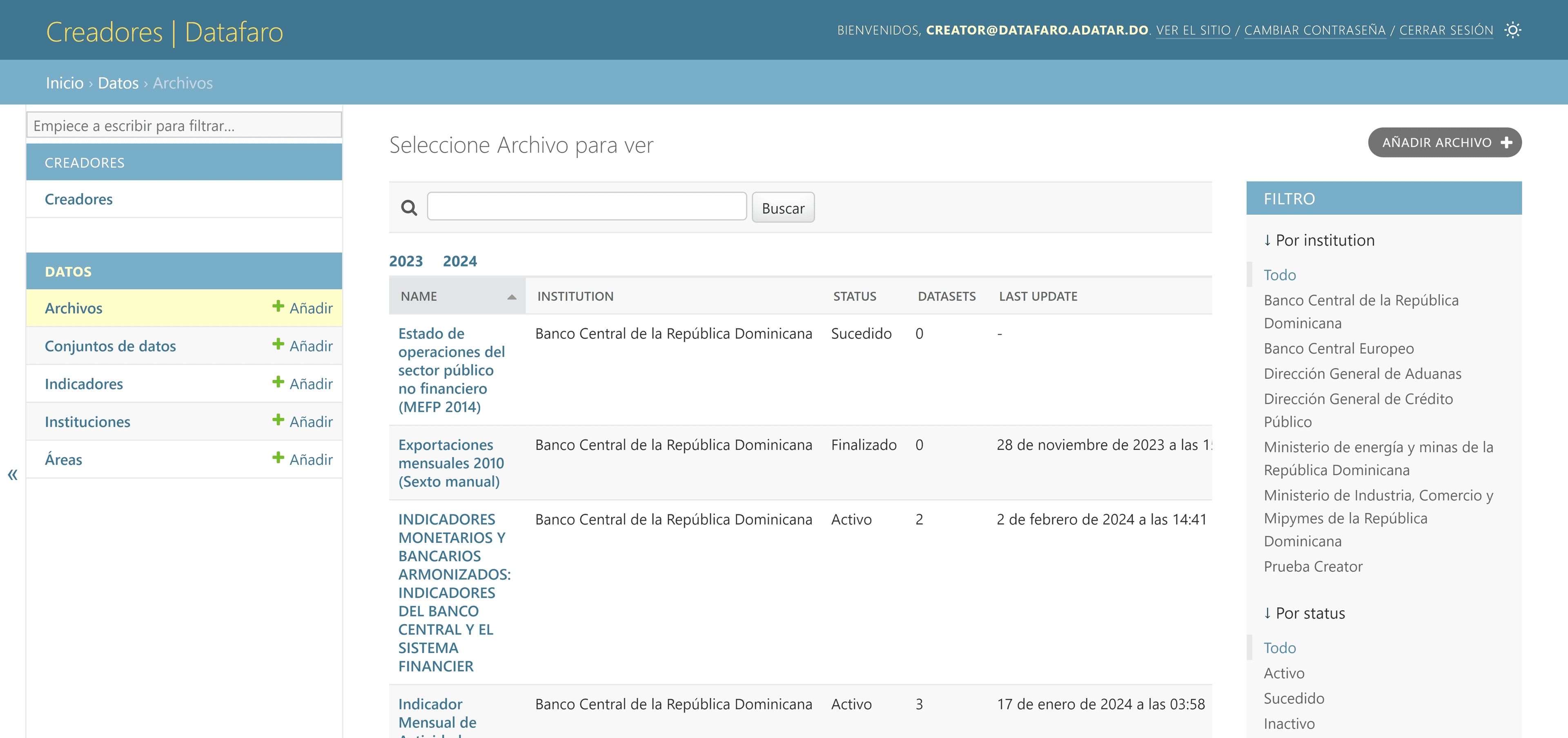 Página de lista de archivos