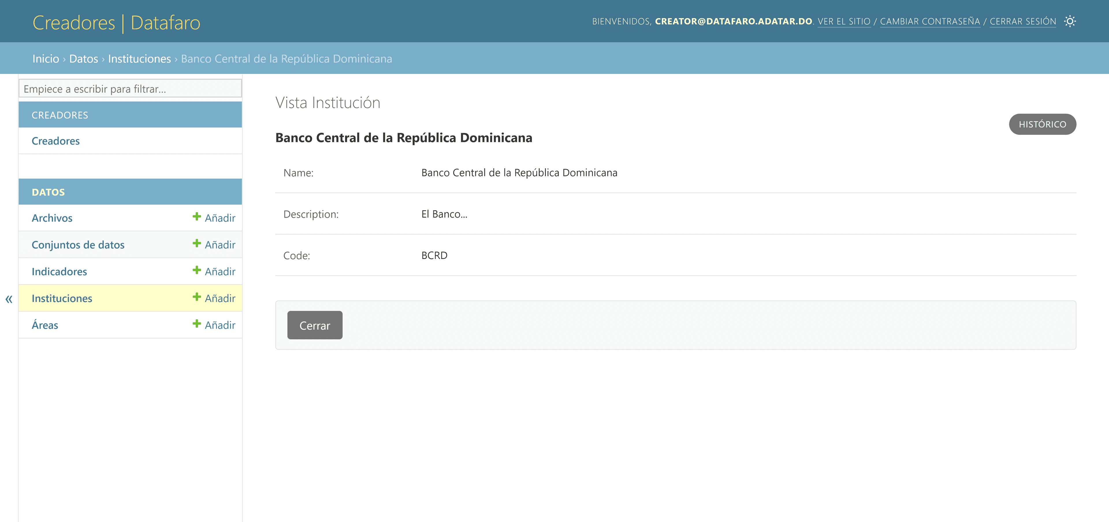 Página de detalles de institución